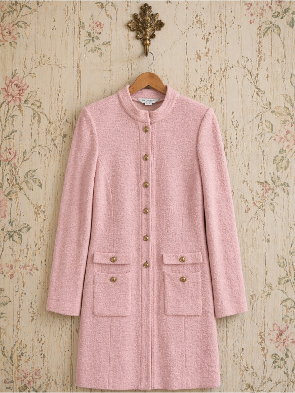 St. John Pink Wool-Blend Stand-Collar Pea Coat 10